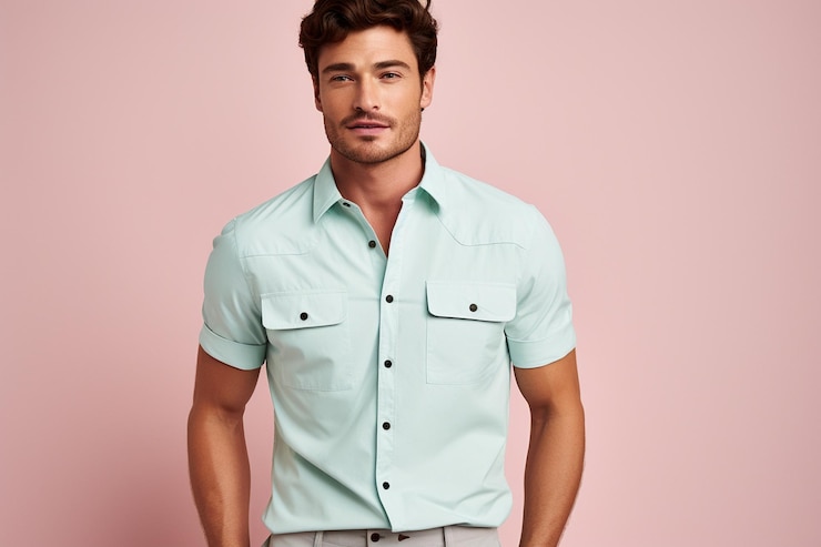 Photo a man wearing a double pocket shirt on a pastel color background