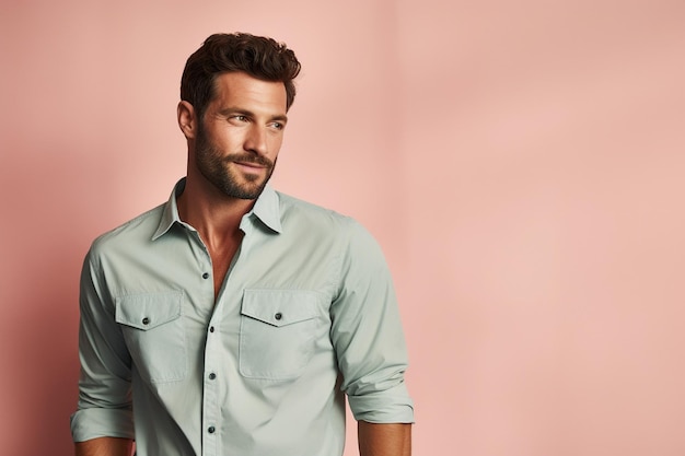 A man wearing a double pocket shirt on a pastel color background