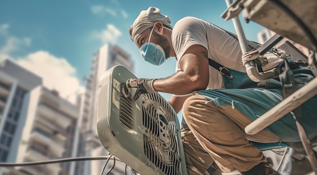 A man wearing a face mask and a mask works on a roof.