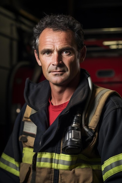 Photo a man wearing a firefighter uniform is standing in front of a fire truck