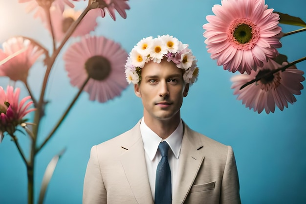 A man wearing a flower crown is standing in front of a blue background.