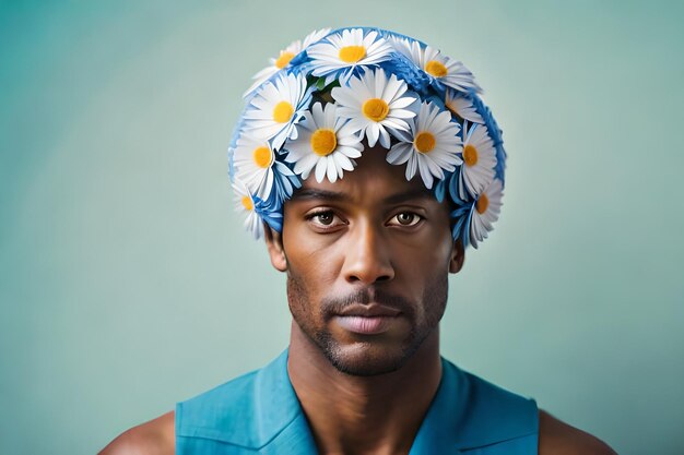 A man wearing a flower hat with daisies on it