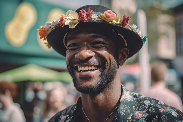 A man wearing a flowered hat smiles at the camera