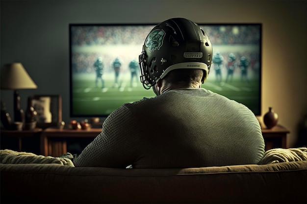 Photo a man wearing a football helmet watches a game on a tv