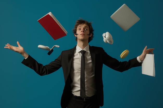 Photo a man wearing a formal suit and tie is skillfully juggling multiple books in the air a person juggling between personal and professional calls ai generated