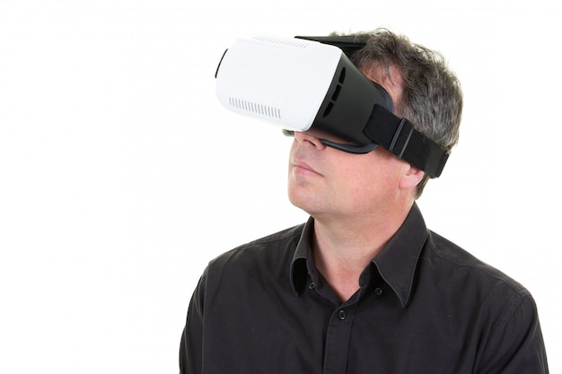 Man wearing future technology virtual reality VR glasses