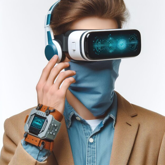 Фото Человек в футуристических высокотехнологичных очках виртуальной реальности изолирован на белом фоне