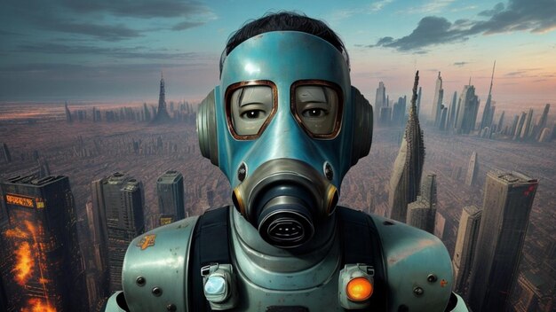 a man wearing a gas mask and a city in the background