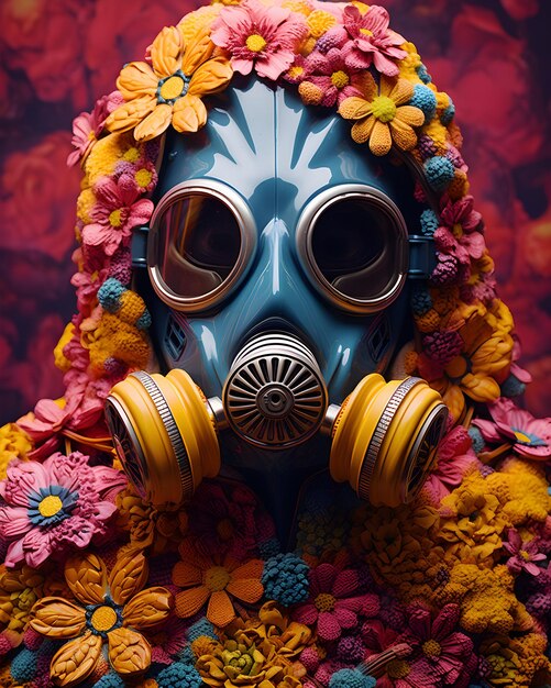 Man wearing a gas mask floral style surrounded by poisonous flowers