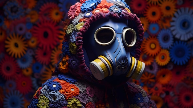 man wearing a gas mask floral style Surrounded by poisonous flowers