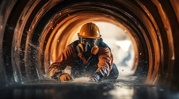 A man wearing a gas mask and a gas mask is coming out of a pipe.