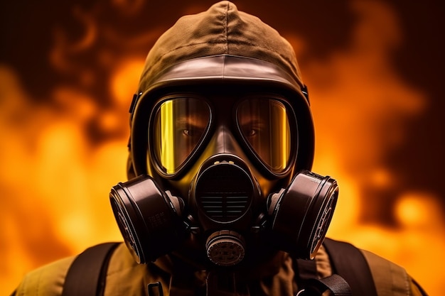 A man wearing a gas mask and gas mask stands in front of a burning fire.