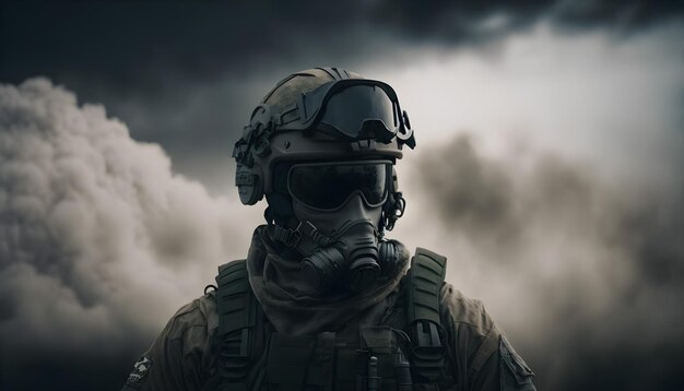 A man wearing a gas mask and a gas mask stands in front of a cloudy sky.