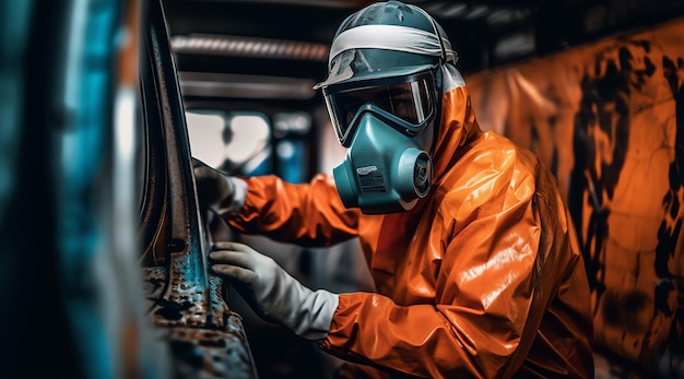 A man wearing a gas mask and a gas mask works on a piece of metal