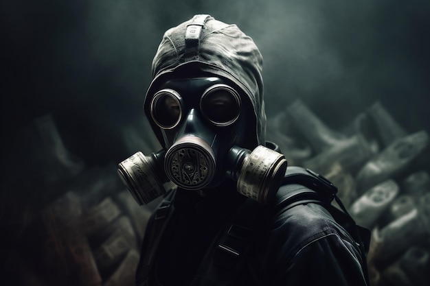 A man wearing a gas mask and a gas mask.