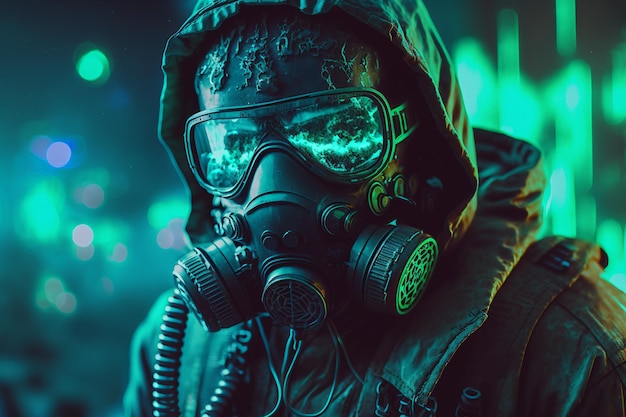 A man wearing a gas mask and a mask with the word