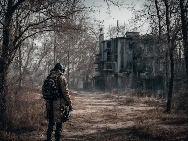 A man wearing a gas mask in a mysterious forest