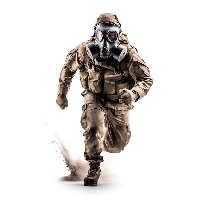 A man wearing a gas mask runs isolated in white background