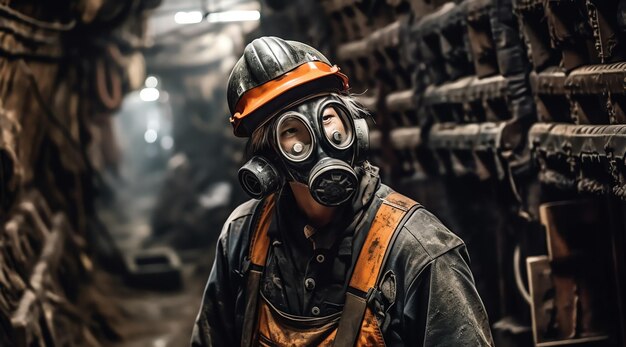 A man wearing a gas mask stands in a coal mine