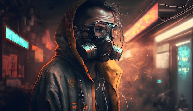 Photographie Fashion cyberpunk girl in leather hoodie jacket wears gas mask  with protective glasses, filters - Acheter-le sur