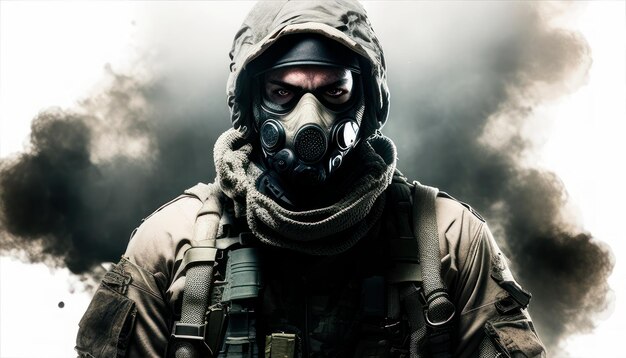 A man wearing a gas mask stands in front of a cloud of smoke.