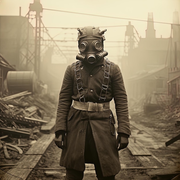 Photo a man wearing a gas mask stands in front of a pile of rubble