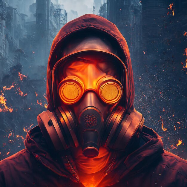 A man wearing a gas mask with a burning city in the background.