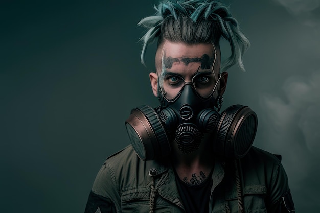 Man wearing a gas mask with the word smoke on it