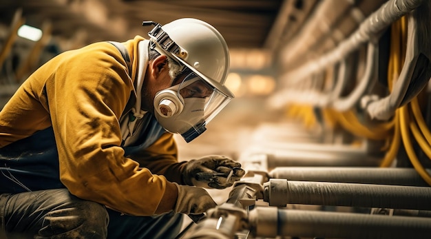 A man wearing a gas mask works on a piece of wood.