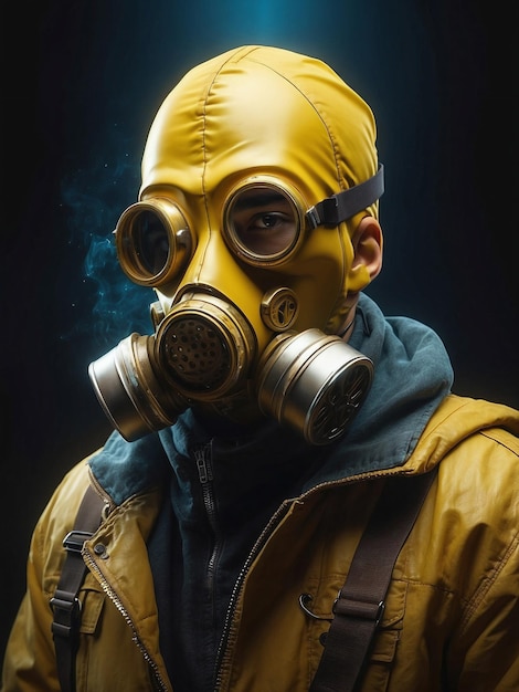 Мужчина в газовом маске и желтой куртке