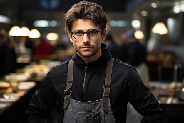 a man wearing glasses and an apron standing in a restaurant