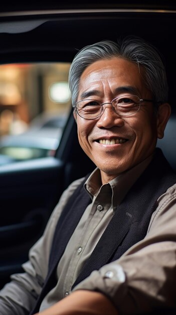 a man wearing glasses and a black jacket sits in a car.