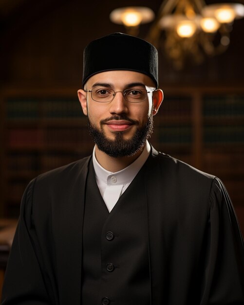 a man wearing glasses and a black robe with a white logo on the front.