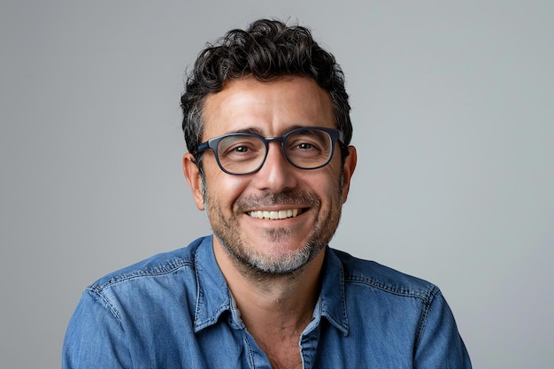 a man wearing glasses and a blue shirt and smiling