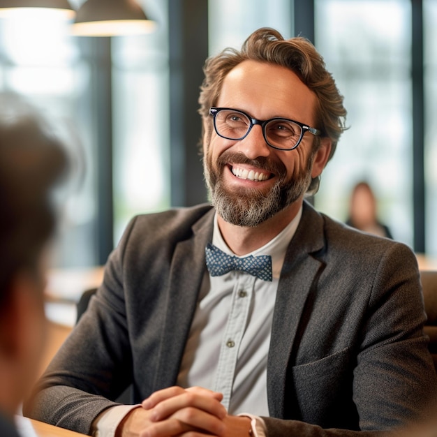 a man wearing glasses and a bow tie is sitting at a table.