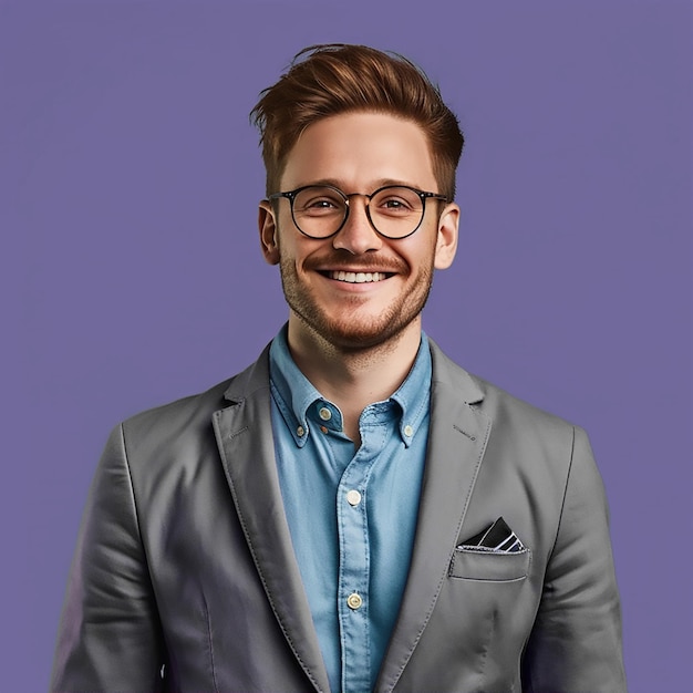 a man wearing glasses and a gray suit is smiling