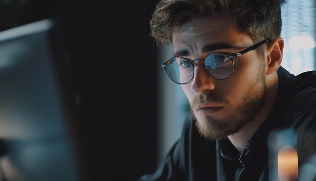 A man wearing glasses is looking at a computer monitor