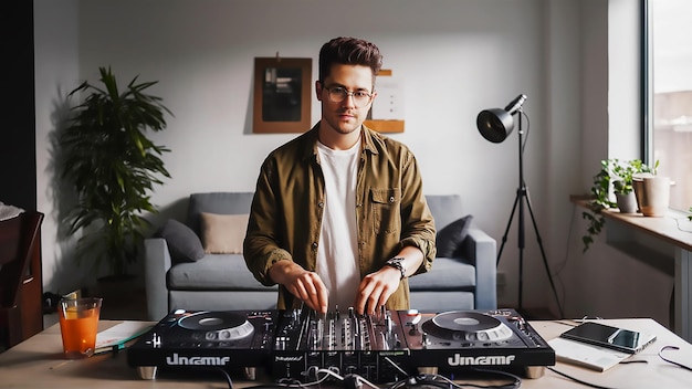 a man wearing glasses is standing in front of a dj set