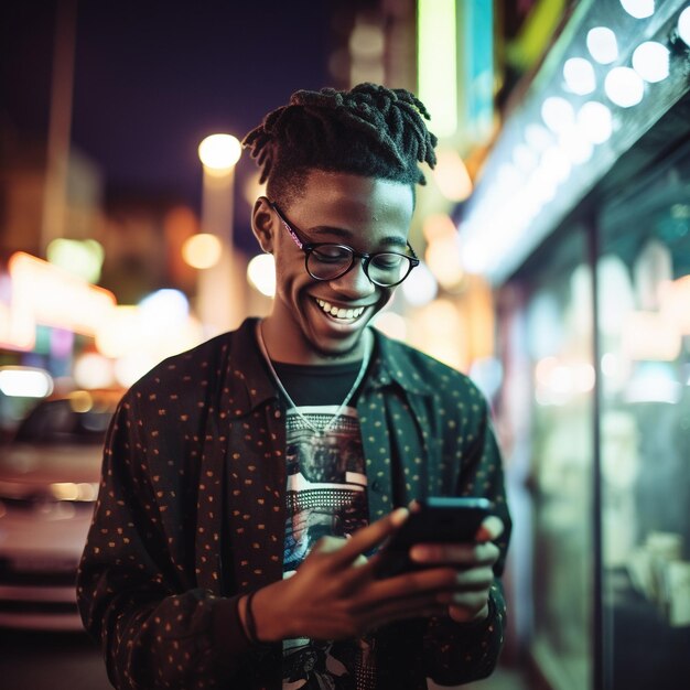 a man wearing glasses and a jacket with a cell phone in front of a store