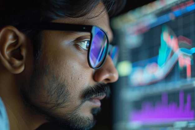 Photo a man wearing glasses looking at a computer screen