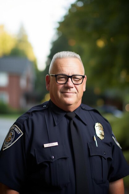 a man wearing glasses and a police uniform stands in front of a house