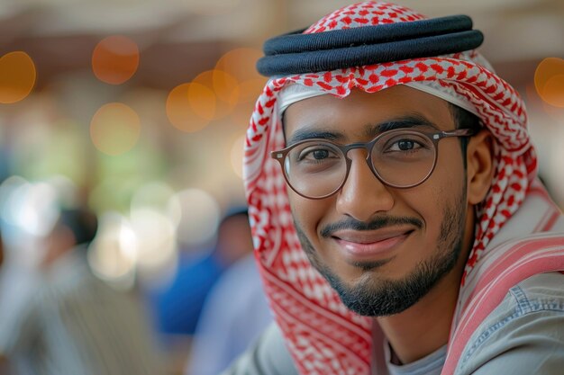 Photo man wearing glasses and red white headdress