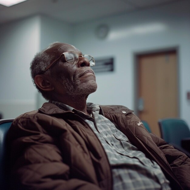 Photo a man wearing glasses sits in a chair in a room