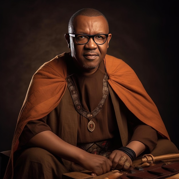 a man wearing glasses sits in front of a wooden drum