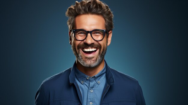 Photo a man wearing glasses smiles on blue background