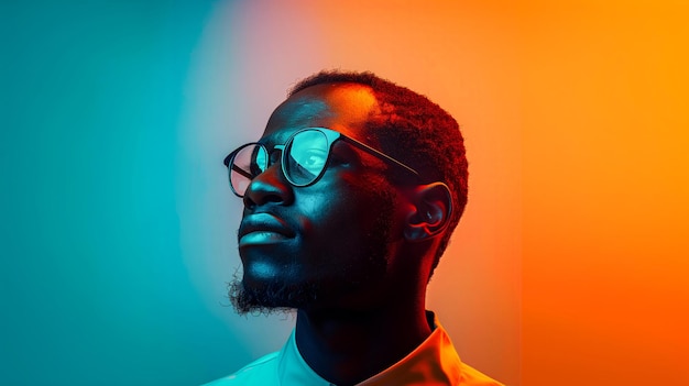 Photo a man wearing glasses and standing against a colorful background neon lighting colorful gradients