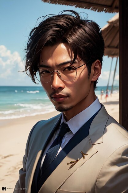 A man wearing glasses stands on a beach wearing a suit and tie