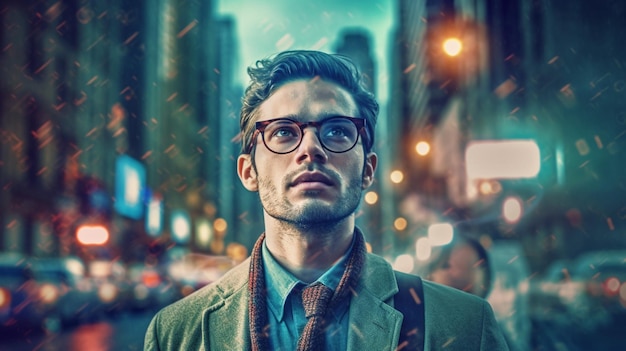 A man wearing glasses stands in front of a city