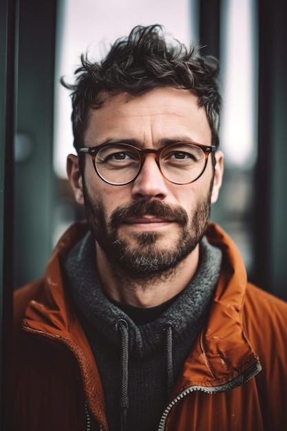 A man wearing glasses stands in front of a door