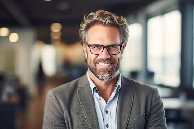 A man wearing glasses and a suit stands in an office.